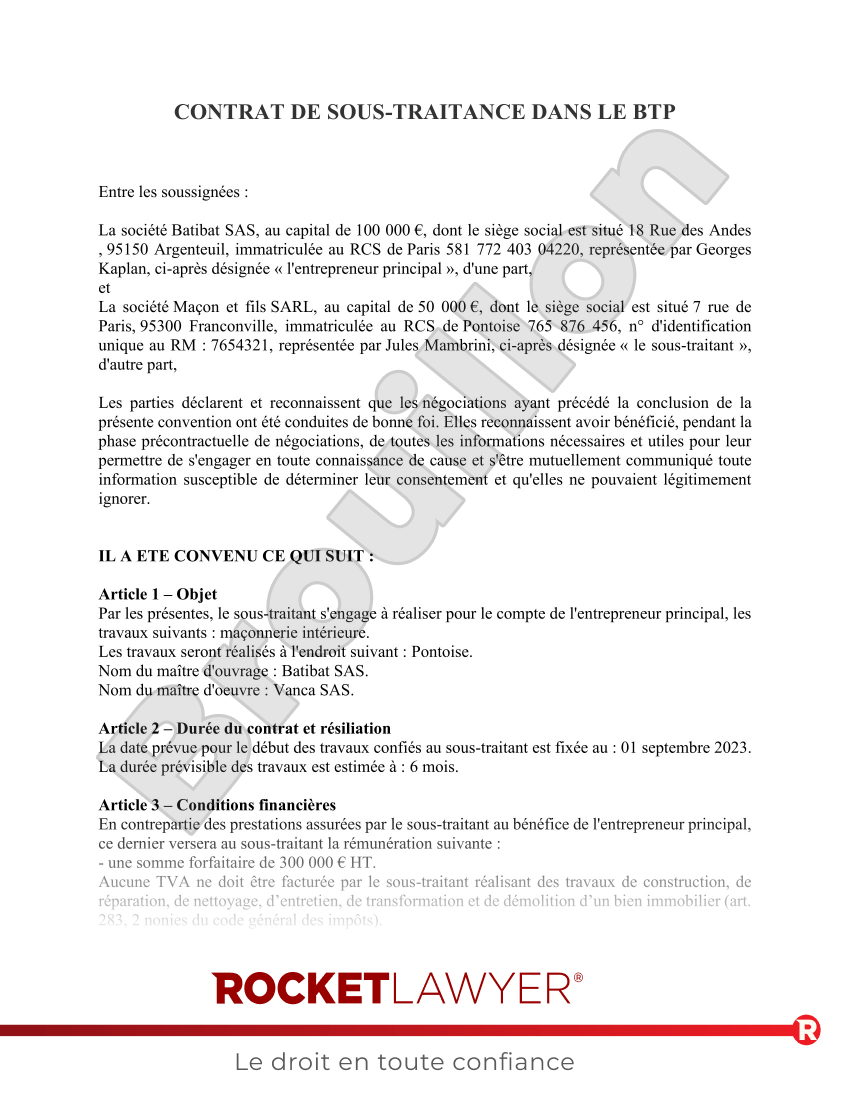 Contrat de Sous-Traitance BTP | modèle complet